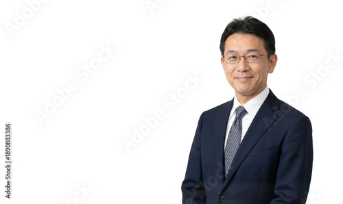 Senior Japanese manager in suit with glasses, isolated on white background, png