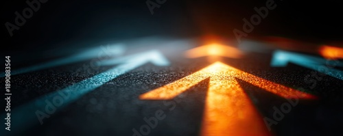 Multiple illuminated arrows pointing forward on a dark, textured surface
