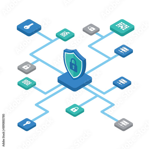 Cyber defense architecture diagram, network nodes with central shield, segmentation strategy session, incident response workshop, risk management conference vector graphic