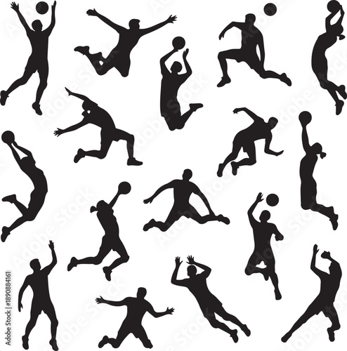 silhouette of people playing basketball in various poses and movements