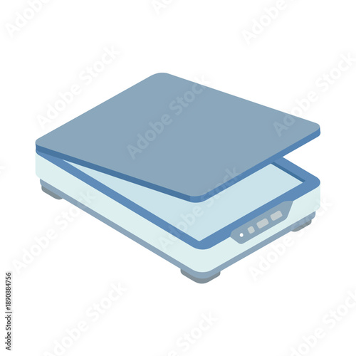 Isometric flatbed scanner vector illustration, office document digitizer for tax season, admission form tasks, business archive, remote work setup.