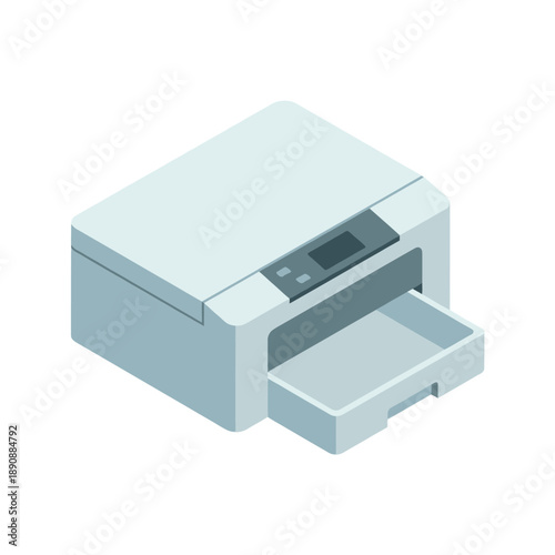 Compact home printer isometric vector illustration for school projects, ticket printing, invoice tasks, back to school season, home office essentials.
