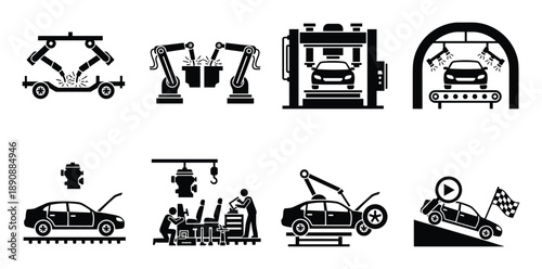 Automotive manufacturing process stages car assembly from raw materials to final testing transport
