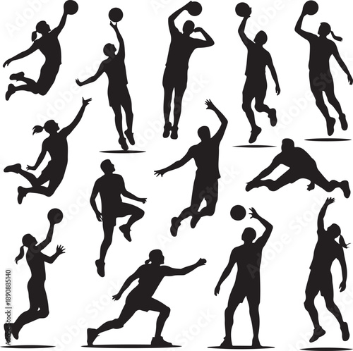 Silhouettes of people playing basketball in various poses