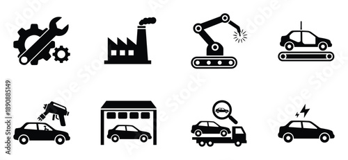 Car manufacturing and automotive industry vector illustration with stages and final production
