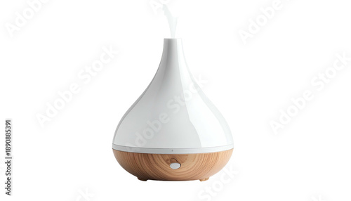 Pear-shaped essential oil diffuser with wood base, misting, isolated on black