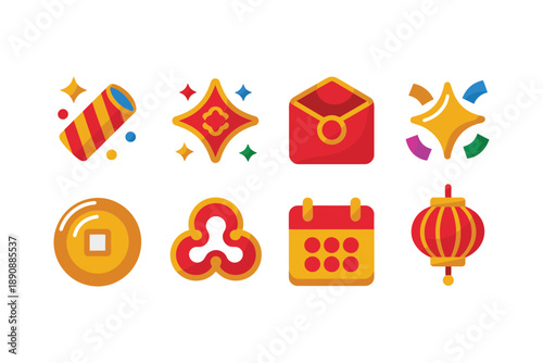 Chinese New Year symbol icons set, red envelope, knot, yuanbao ingot, coin charm, vector illustration for banner, sticker, social media.