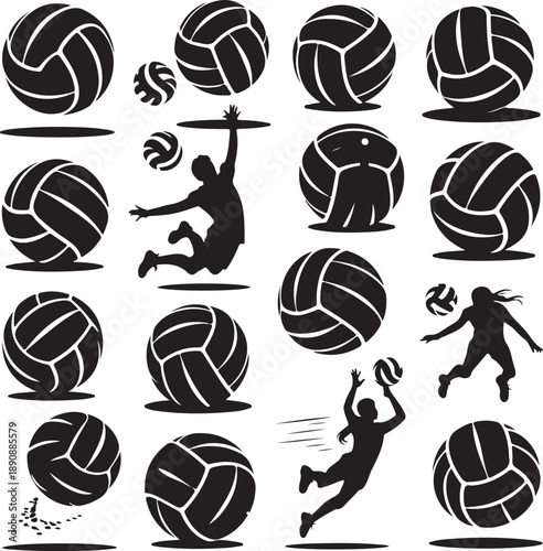 volleyball silhouettes and balls in various positions and movements