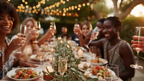 Laughter fills the air as a group of friends clinks glasses filled with bubbly drinks, surrounded by warm lights and a cozy atmosphere on a beautiful evening