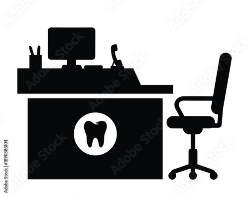 Dental office reception desk icon with monitor chair and telephone for design black silhouette