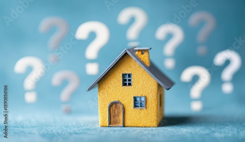 Yellow house with many question marks in the background