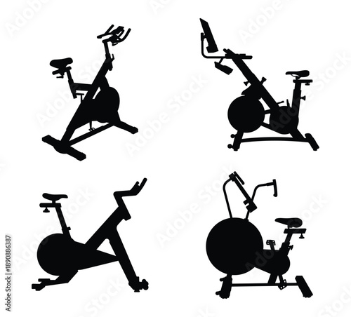 Stationary Exercise Bike Silhouette Set in Different Angles Isolated on White Background