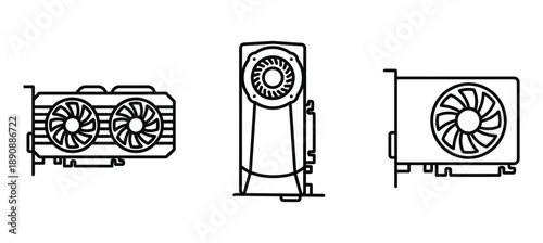 Gpu graphics card vector black line gaming and computer components isolated outline illustration