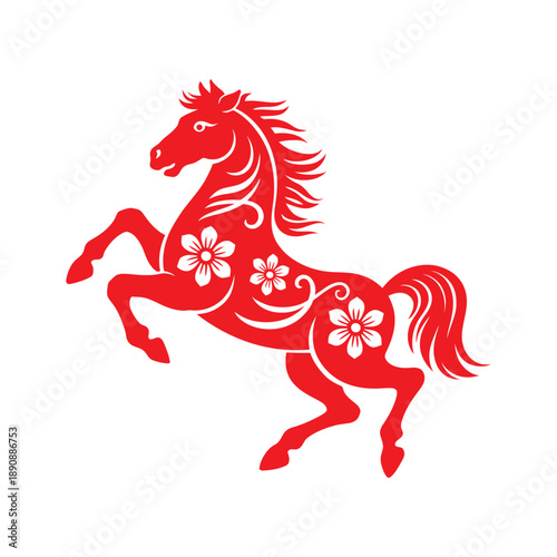 Zodiac horse paper cut emblem for lunar new year 2026, festive red silhouette, prosperity celebration badge, cultural event branding vector