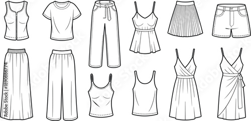 Women’s fashion flat sketch, technical garment illustration, top and bottom vector, dress design clipart, clothing silhouette set, apparel drawing bundle