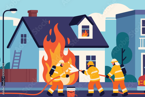 Illustration Of A Fire Brigade Working To Extinguish A Fire In A Residential Area Vector Design Template
