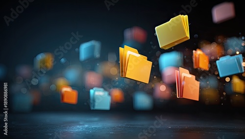 Colorful file folders float and disperse against a dark, bokeh-filled background