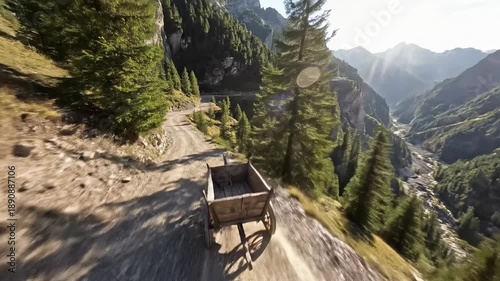 Sweeping aerial drone shot following the rapid descent of an unoccupied vintage wooden soapbox cart moving quickly along a winding mountain path freedom, vista, hobby