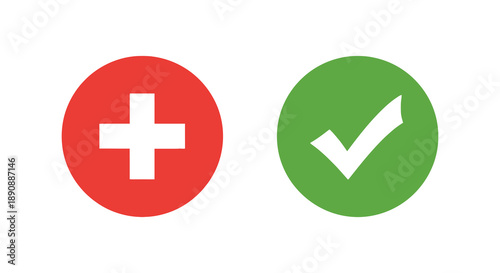 A simple graphic displays a red circle with a white plus sign and a green circle with a white checkmark