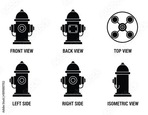 Hydrant view set of front back top left right and isometric views of fireplug vector