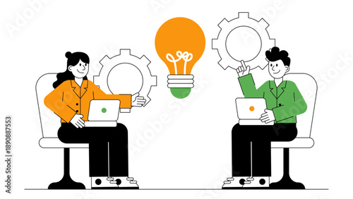 A business team sitting apart with laptops collaborating on a bright lightbulb idea and gear icons