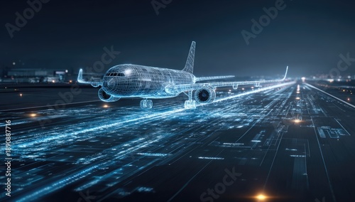 Futuristic airplane blueprint hologram on a digital runway at night