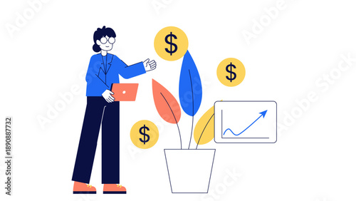 Professional woman nurturing a plant decorated with dollar coins and growth indicators representing ESG