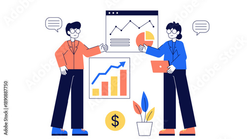 Two professional colleagues standing and discussing complex data reports and company performance