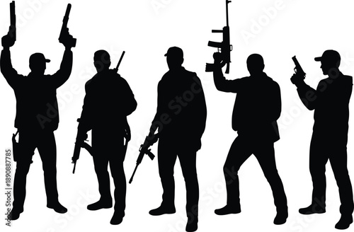 Armed tactical soldier silhouette set special forces military gunmen with rifles and pistols isolated white background black vector illustration design