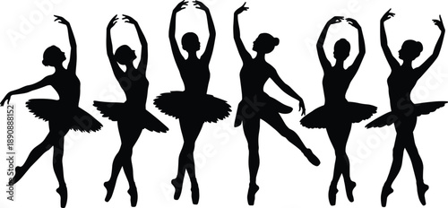 Ballet dancer silhouette set graceful ballerinas in classical dance poses isolated white background black performing arts vector illustration