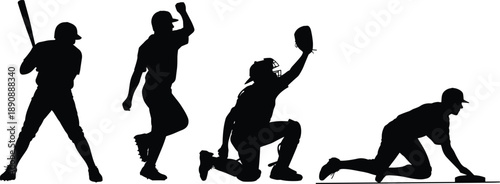 Baseball player silhouette action set batting pitching catching sliding isolated white background black sports vector illustration design