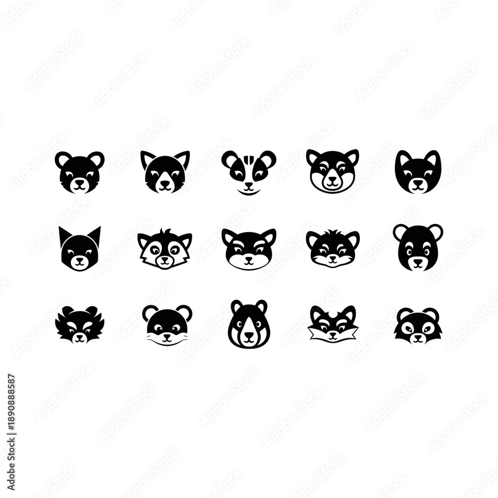 Fototapeta premium Various animal faces are shown in black and white illustrations.
