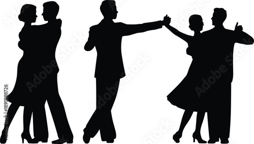 Ballroom dancer silhouette illustration, elegant couple poses, formal dance vector, graceful movement clipart, partner dancing art, ballroom graphic set
