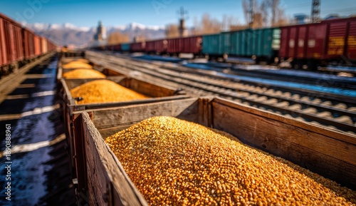 Freight train cars filled with golden corn kernels, awaiting transport