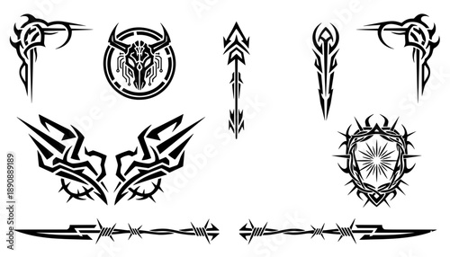 Black neo tribal vector collection featuring cyber bull skull, sharp arrows, thorny shield emblems, and barbed wire dividers for Y2K design