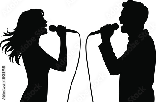 Male and female singer silhouette duet performing live with microphones isolated white background black music concert vector illustration