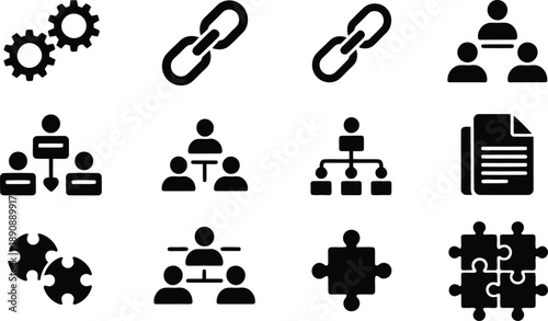 A diverse collection of black business and technology icons showing gears, links, people, and puzzles