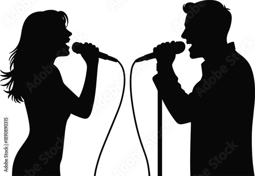 Male and female singers silhouette duet performing with microphones isolated white background black music concert vector illustration design