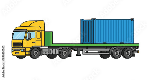 A bright yellow semi truck hauling a blue shipping container