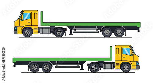 Illustration of a yellow flatbed truck shown from two different angles