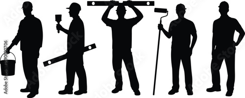 Construction worker silhouettes with tools, painters builders teamwork industry labor concept, isolated black figures on white background