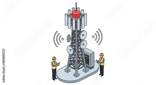 Cell tower with technicians and wireless signal illustration