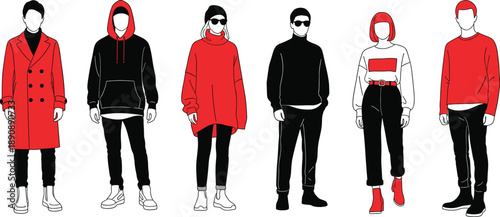 Modern Fashion People Vector Illustration Set with Stylish Men and Women Wearing Casual Streetwear Outfits for Editorial Branding and Lifestyle Designs