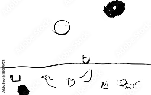 Minimalist line art of moon, floating face, sleeping cat, bird, and abstract shapes (Hogara)