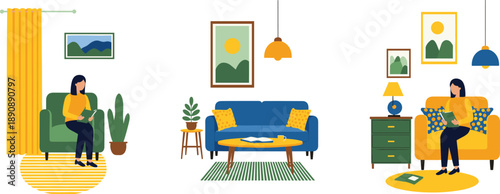Cozy Living Room Interior Vector Illustration Scenes with Woman Relaxing on Sofa Armchair and Modern Home Decor for Lifestyle Design Projects