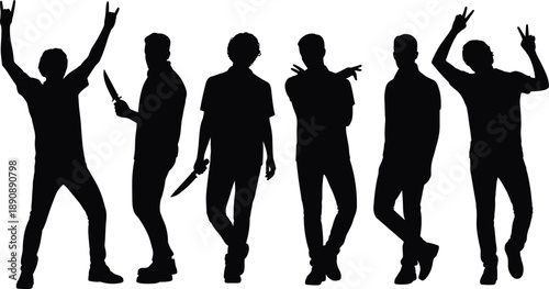 People silhouette group posing gestures rebellion attitude concept, urban youth style men figures isolated on white background