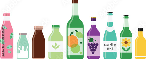 Juice Bottle Vector Illustration Set with Fresh Fruit Drinks Smoothies and Sparkling Beverages in Glass Containers for Packaging Branding and Food Designs
