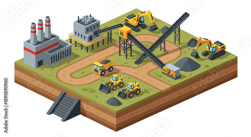 Isometric illustration of an industrial complex with machinery and smokestacks