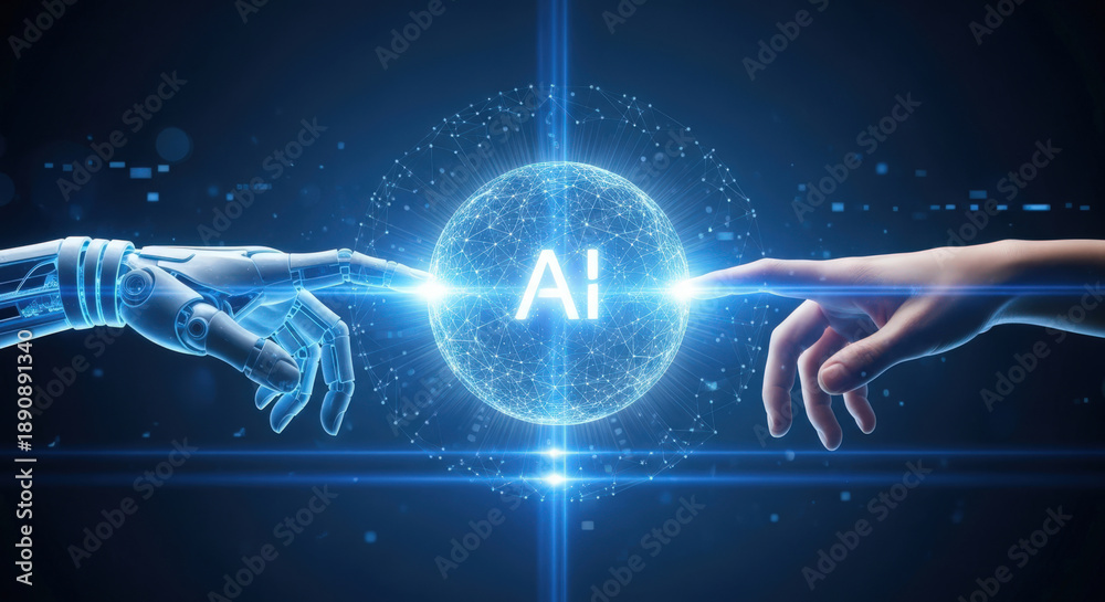 Fototapeta premium Human and Robot Hands Touching an AI Globe Representing the Convergence of Technology and Humanity in the Age of Artificial Intelligence