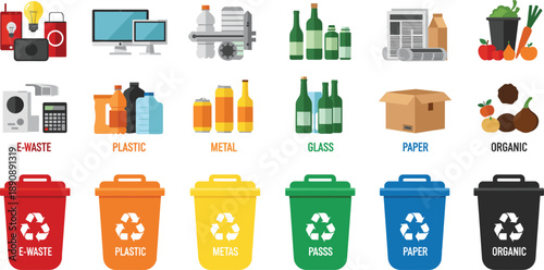 Waste Sorting and Recycling Categories Vector Illustration with Labeled Bins and Materials for Environmental Education Sustainability Posters and Infographic Designs
